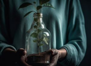 person holding a glass with a plant growing inside