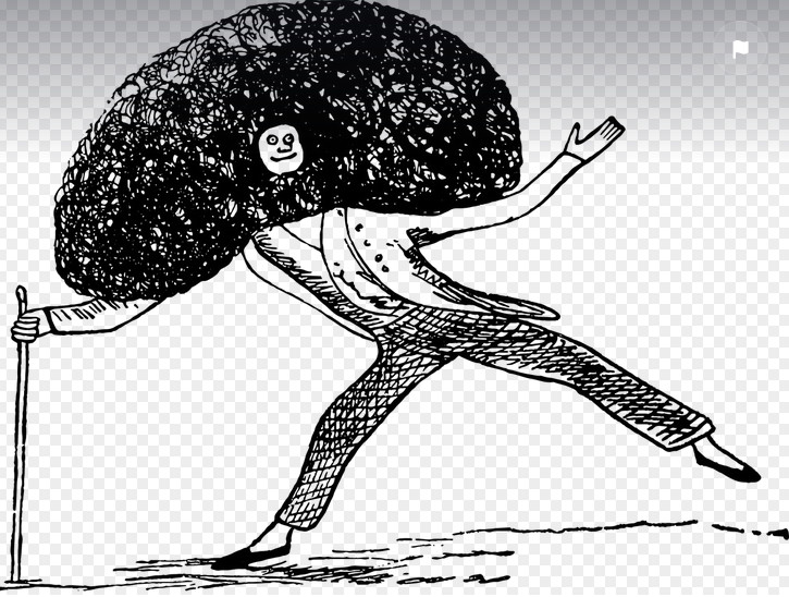 black and white sketch of a man with a huge afro dancing with a cane