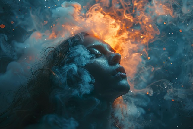 woman with closed eyes in a cloud of smoke